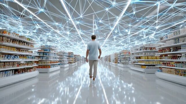 Networked shopping experience: A solitary individual strides through a futuristic grocery store, traversing the digital network that weaves through the shelves.