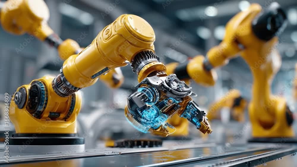 Poster robotic precision in factory: high-angle view captures industrial robots performing intricate tasks 