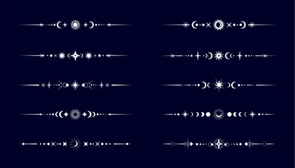 Esoteric mystic celestial divider borders vector set. Fantasy, space or magic golden lines with glowing mystical sun, crescent moon and star boho symbols. Astrology, wicca, witchcraft spiritual frames