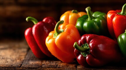 A striking display of assorted bell peppers in vibrant colors resting on a rustic wooden table, showcasing fresh produce and highlighting healthy eating choices in a culinary context.