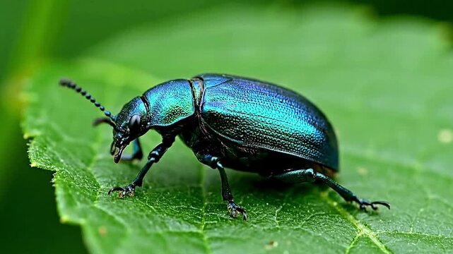Iridescent blue beetle on a green leaf showcasing intricate details of its exoskeleton and the leafs texture