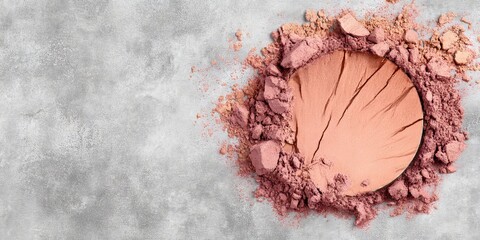 Powdered blush in soft pink hue is artistically arranged on a textured gray background, showcasing the beauty product's fine texture and vibrant color for cosmetic applications