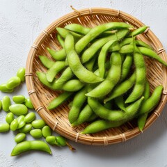 Fresh Edamame Pods and Beans in Bamboo Basket