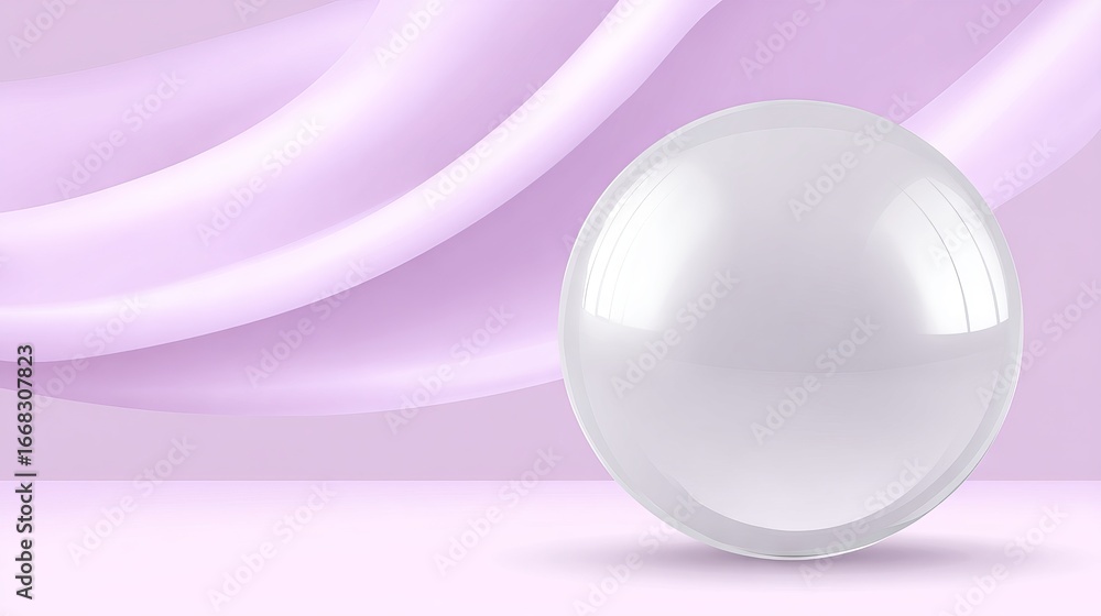 Poster glossy sphere placed on soft pastel background with flowing fabric elements, creating a serene and m