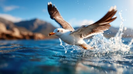 A seagull spreads its wings and takes flight over the sparkling blue water, capturing the spirit of freedom and the beauty of nature in a stunning outdoor scene.