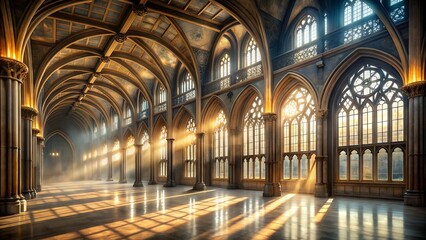 Grand hall with gothic architecture, featuring arched windows and vaulted ceilings, bathed in warm sunlight streaming through, casting dramatic shadows