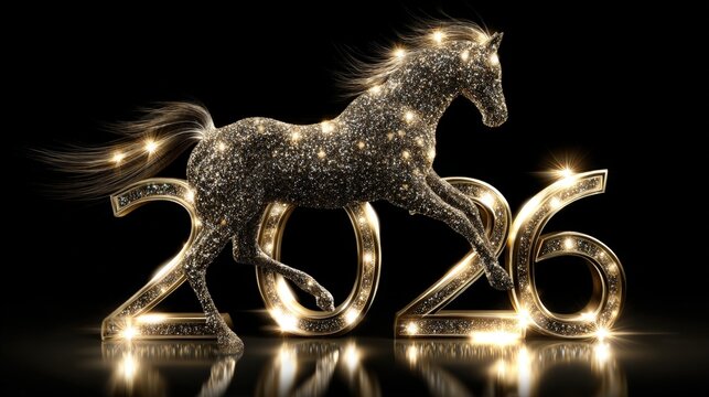 A sparkling horse sculpture adorned in glittering details stands triumphantly beside the numbers representing 2026, symbolizing joy for the New Year and Christmas celebrations