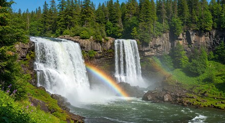 Obraz premium Majestic Twin Waterfalls with Rainbow, Lush Forest, and Serene Landscape