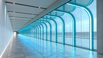 A long hallway with blue neon lights and glass panels leading to a bright exit in the distance