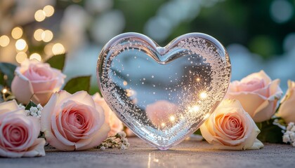 Pink rose petals and a bouquet of red roses decorate a box of heart-shaped candies and cookies, a perfect romantic Valentine's Day gift