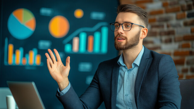 Focused businessman wearing glasses and suit jacket is presenting data with colorful charts and graphs on digital screen, conveying confidence and professionalism in modern office setting