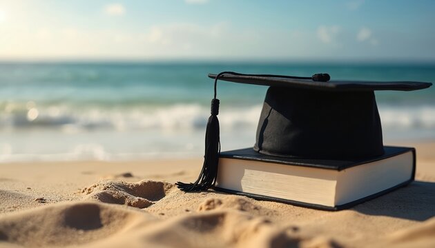 Graduation cap, book on sandy beach symbolize academic achievement. Coastal scene represents learning, wisdom, celebration of major life milestone. Ocean waves, bright sky create serene background