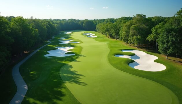 Aerial view of meticulously maintained golf course fairways, sand traps. Rich green grass contrasts with bright white bunkers surrounded by dense forest. Sunlight casts shadows, creating depth, - Powered by Adobe