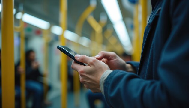 Man uses smartphone on subway during commute. He browses online content and connects with others via mobile technology. This daily urban journey highlights modern communication and digital lifestyle.