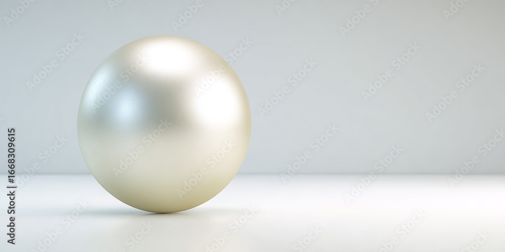 Poster shiny pearl sphere resting on a smooth surface, reflecting soft light, showcasing its lustrous textu