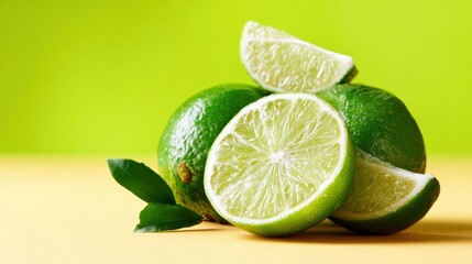 Vibrant limes, both whole and sliced open, are artfully arranged on a cheerful yellow backdrop, showcasing their juicy interior and refreshing appeal for culinary and beverage uses.