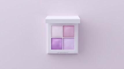 Makeup palette featuring four shades of purple in a sleek white case, set against a soft pastel background, ideal for beauty and cosmetic product displays