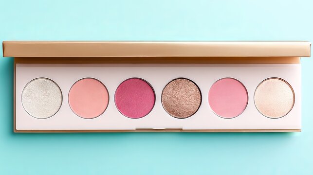 Makeup palette featuring six vibrant shades including pink, peach, and gold, displayed on a soft turquoise background, ideal for beauty enthusiasts and makeup artists