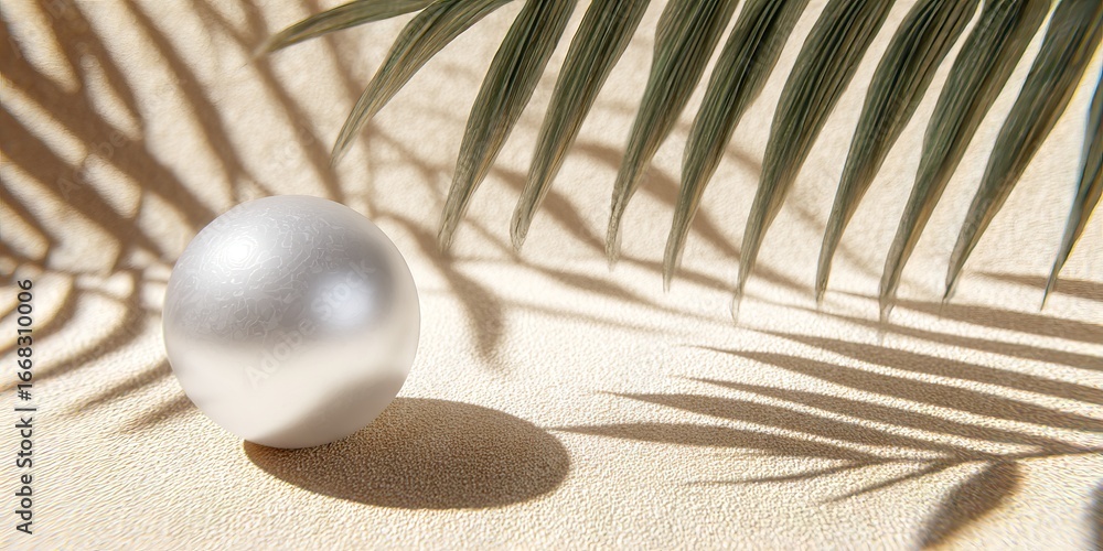 Aufkleber shiny silver sphere placed on textured surface, surrounded by lush green palm leaves casting intrica