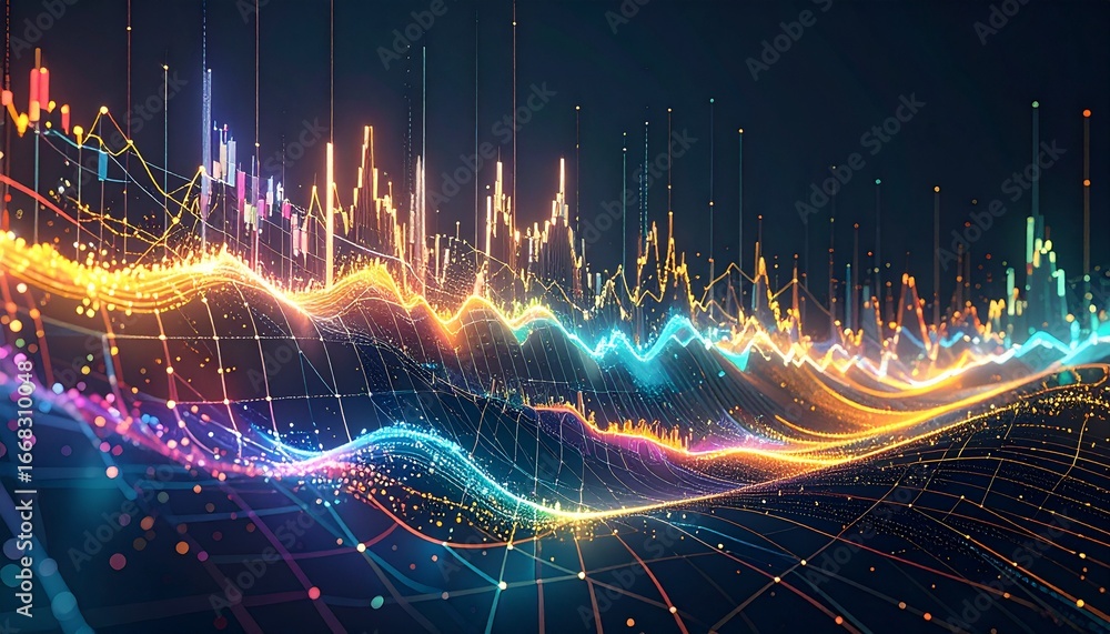 Leinwandbilder wave energy and fractal patterns create a glowing sine wave grid in cyberspace, representing a techn