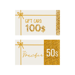 Gold gift card and voucher design with glitter decoration
