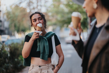 Two young women enjoying ice cream cones while conversing outdoors on a pleasant day. Capturing...