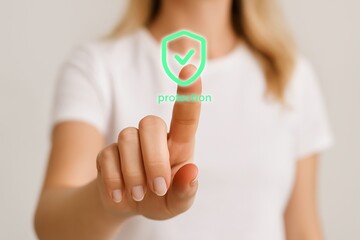 Cybersecurity protection concept with woman touching virtual shield icon, digital safety, secure access, privacy protection, futuristic UI, data security technology, online safety and cyber defense il