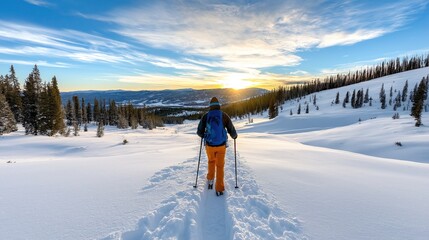 Winter hiker trekking through snowy mountain valley at sunrise with poles and backpack, surrounded by pine trees and scenic landscape