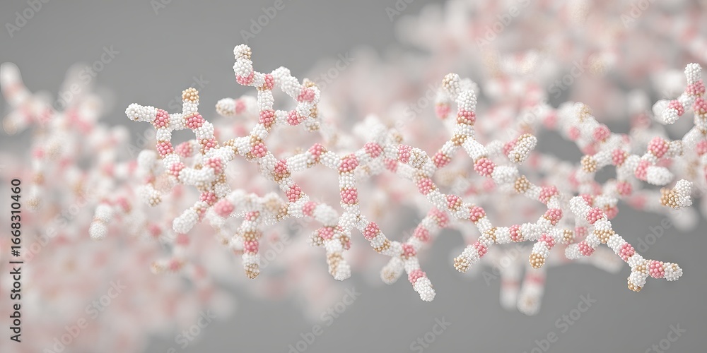 Poster abstract molecular structure with interconnected strands of pink and white spheres, representing com