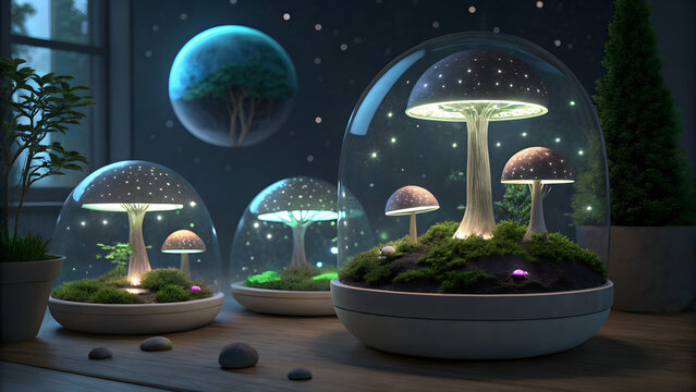 Futuristic Mushroom Biosphere Pods with Neon Glow in Galaxy Setting