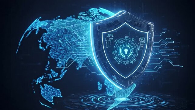 Glowing blue shield overlayed on a globelike pattern of light spots set against a dark backdrop with blue concentric circles below - Powered by Adobe