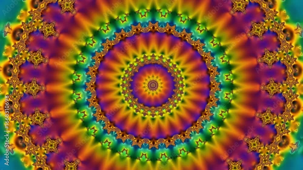 Poster colorful kaleidoscope patterns revealing dynamic geometric shapes, spinning through intricate symmet
