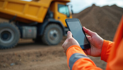 Construction worker in orange safety vest using smartphone at work site. Blurred yellow dump truck, pile of dirt in background. Worker checks app on mobile device for project management,