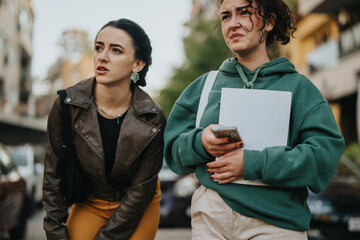 Two women stand outdoors with curious and skeptical looks, reflecting varied emotions in an urban...