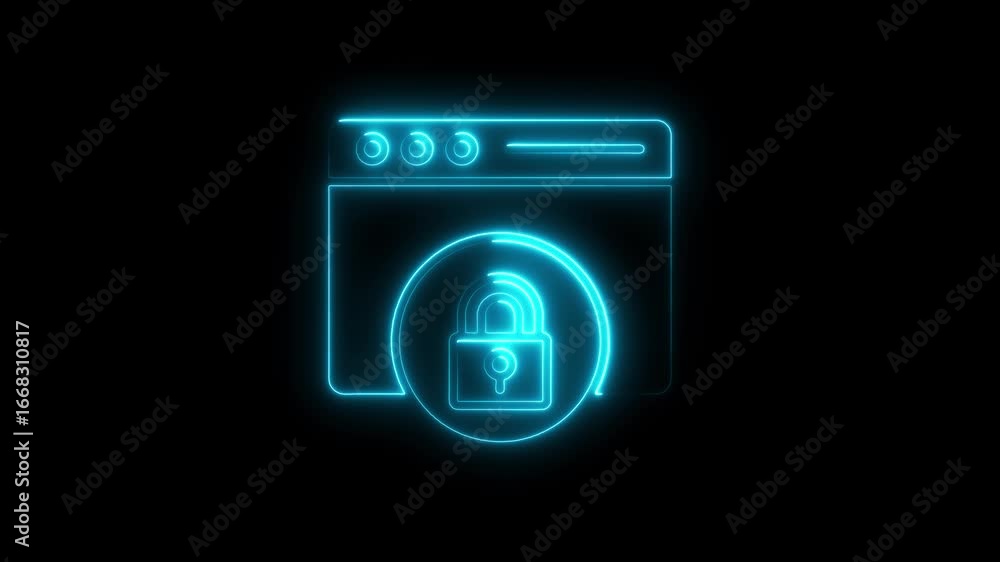 Poster animated neon web browser and padlock concept representing online security