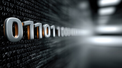 Binary code background with glowing numbers, digital data stream, abstract technology, futuristic, black and white, depth of field, modern concept
