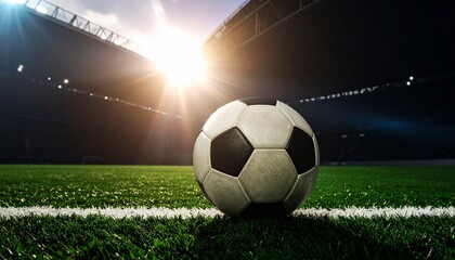 Black and white soccer balls rest on the green grass of a sports field, ready for a game under the open sky