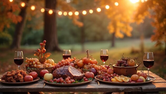 Autumnal outdoor feast set on rustic wooden table under warm string lights. Abundant meal includes roasted meat, fruits like apples, grapes, vegetables, red wine glasses. Scene evokes relaxed - Powered by Adobe