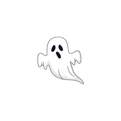 A friendly cartoon white ghost with a surprised expression floats on a clean white background.