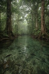 Obraz premium Calm river flowing through lush jungle with tall trees.