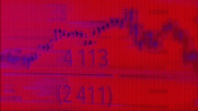 4K Glitched red trading screen with distorted stock chart and financial data artifacts for cyberpunk motion graphics, glitchcore finance overlays, dystopian market UI