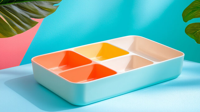 Colorful divided tray with five compartments on blue surface with tropical leaves and vibrant background, bright and tidy organizer for small items or snacks