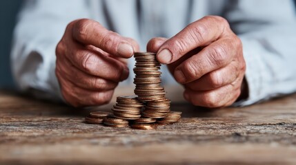 An elderly person's hands carefully stacking coins, symbolizing the value of savings, responsibility, and the importance of financial management in life.