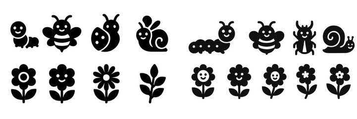 Cute vector illustrations of insects and flowers in black silhouette