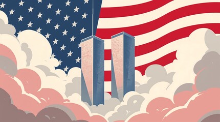 Vector illustration of twin towers with American flag background surrounded by clouds symbolizing 911 remembrance and tribute