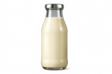 Glass bottle containing dairy product, transparent background, perfect for customizing product label design