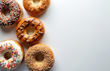 Assortment of five delicious donuts arranged on white background copy space. Includes chocolate iced donut with sprinkles, caramel donut with nuts, white iced donut with colorful sprinkles. Also