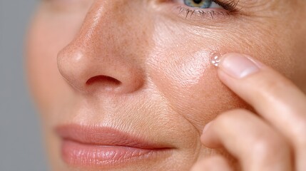 Close-up of Woman Applying Hyaluronic Acid Serum to Face, Demonstrating Skincare Routine for Hydration and Anti-Aging Benefits
