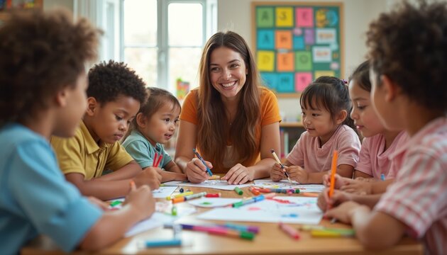 Children actively participate in art class with teacher. Young students color and draw at a table with colorful supplies. Teacher guides activity promoting creativity, learning, and teamwork.