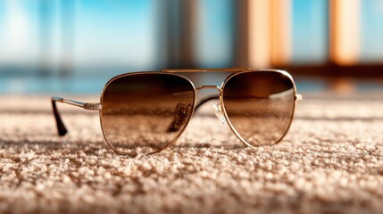 The image showcases a pair of luxurious golden sunglasses elegantly placed on a soft carpet, reflecting light and evoking a sense of sophistication and style.